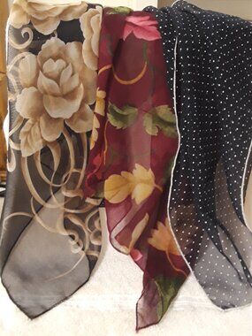 3 Scarves: Vintage 20x20 Neckerchief-Cejon Burgundy, Navy Polka Dot, Blk Floral